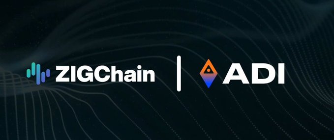 The image displays a partnership announcement banner featuring the logos of ZIGChain and ADI Foundation side by side against a dark, wavy background. This visually represents the new collaboration between the two entities, highlighting their joint venture where ADI has selected ZIG Markets as their product and distribution layer.