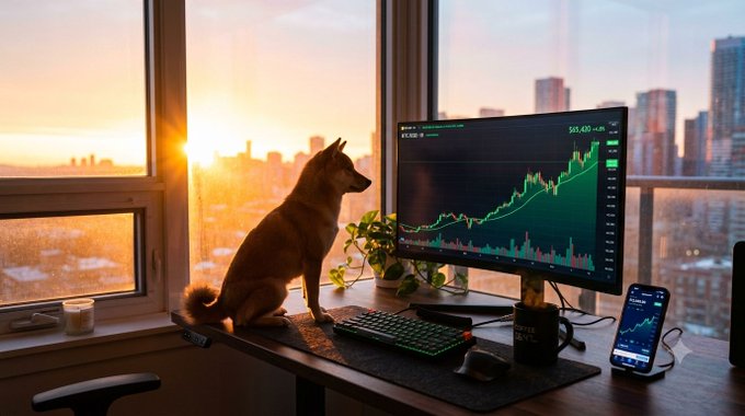 A small brown dog sits attentively on a desk in front of a computer monitor displaying a rising stock market chart, with a smartphone also showing a graph, all set against a backdrop of a city skyline at sunset.