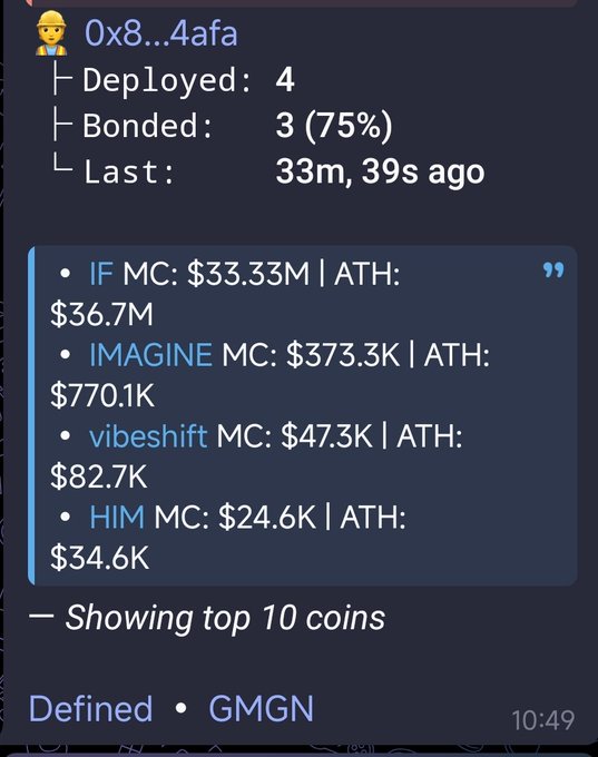 A screenshot of a Discord/Telegram message showing a crypto bot at '0x8...4afa' with 4 deployed, 3 (75%) bonded, and last activity 33m, 39s ago, listing top coins including IF ($33.33M MC, $36.7M ATH), IMAGINE ($373.3K MC, $770.1K ATH), vibeshift ($47.3K MC, $82.7K ATH), and HIM ($24.6K MC, $34.6K ATH).