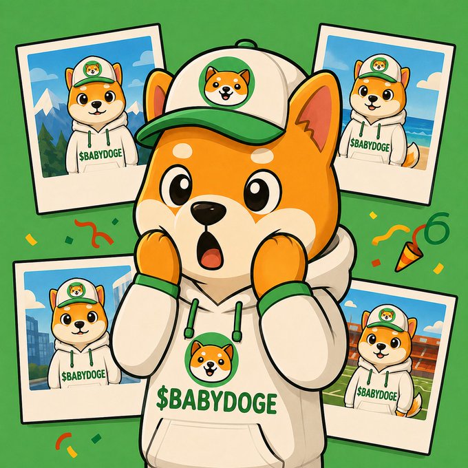 A surprised cartoon Shiba Inu wearing a white "$BABYDOGE" hoodie and green-trimmed cap stands amid polaroid-style photos of itself in various settings, with party confetti scattered around. The image ties to the post's message about non-HODLers of $BABYDOGE by showing the shocked "BabyDoge" mascot reacting to those who don't hold the token.