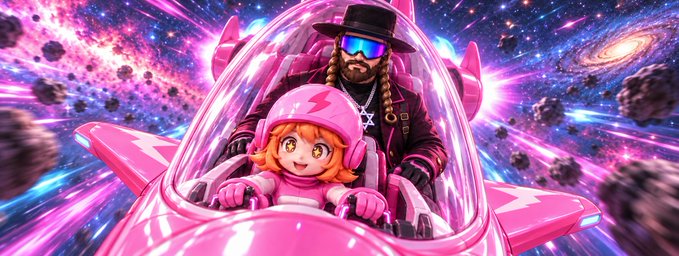 An AI-generated image of a man in a red jacket, sunglasses, and black hat alongside an anime-style girl in pink, riding a futuristic pink spaceship through a colorful cosmic galaxy.