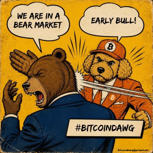 A vintage-style comic illustration showing a bear labeled 'WE ARE IN A BEAR MARKET' being shot by a Bitcoin-branded dog labeled 'EARLY BULL!' with '#BITCOINDAWG' caption.