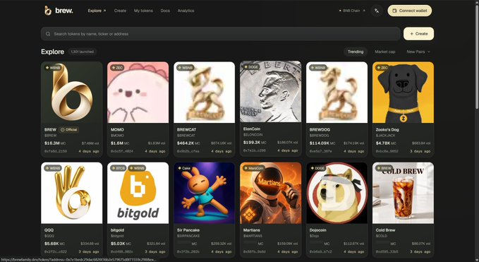 The image shows the Brew Explore page on BNB Chain, displaying a grid of creator-launched tokens including $BREW ($15.3M), $MONO, $BREWCAT, $ElonCoin, $BREWDOG, $Zoinks Dog, $BGO, $bitgold, Sir Pancakes, MartianAI, Dogecoin, and Gold Brew, each with market cap and bonding curve metrics. The layout visually supports the post's description of Brew as a creator token launchpad on BNB Chain, where users can explore various one-click-launched tokens trading against different pairs.
