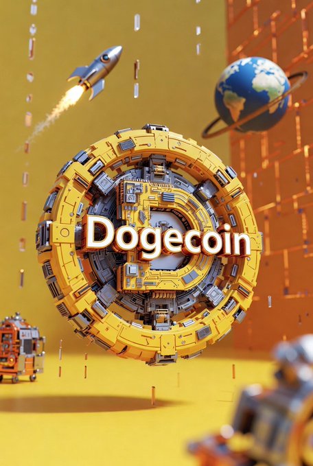 The image features a yellow circle with the word "DOGE coin" written inside of it, surrounded by various objects such as a rocket ship, a planet, and other robots. The background is a bright yellow color that contrasts with the white text on the image. The objects in the image are arranged to create an interesting visual composition, with the central focus being the "DOGE coin" and its surrounding elements.