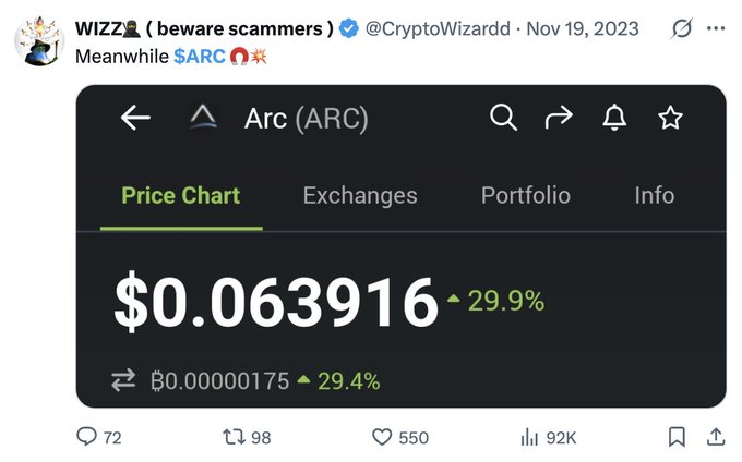 A tweet from CryptoWizzard (@CryptoWizardd) dated Nov 19, 2023 shows the Arc (ARC) cryptocurrency at $0.063916, up 29.9%.