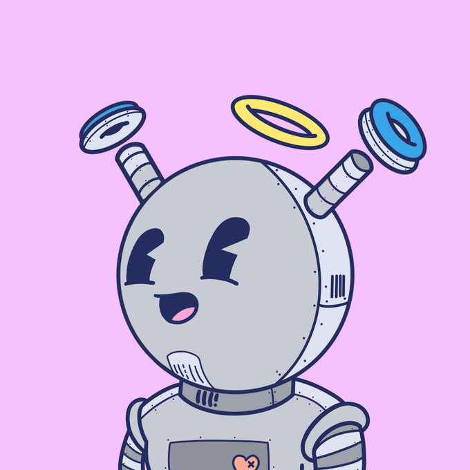 An illustration of a cute gray robot with floating halo-like discs above its head, set against a pink background.