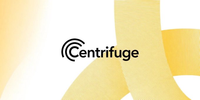The image features a logo for Centrifuge, which is an organization focused on traditional finance moving towards digitalization. The logo consists of two lines intersecting each other, creating a wave-like pattern. The text "Centrifuge" is written in black at the bottom of the image, and it reads: "Traditional finance is moving onchain, and Centrifuge is helping make it happen". The background of the image is white with yellow lines that create a wave-like pattern.