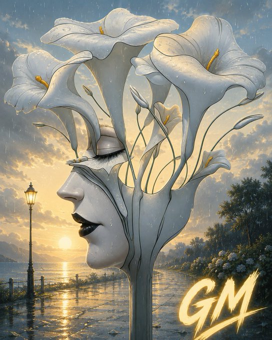 A surrealist artwork features a woman's profile whose hair transforms into white calla lilies, set against a sunset seaside landscape with a vintage lamppost, while "GM" is displayed in glowing yellow text in the corner—serving as a visual "Good Morning" greeting to accompany the post's message.