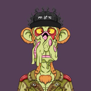 A grotesque front-facing mutant ape wearing a black cap with "MAYC" and a top hat symbol, dripping with green slime and featuring bloodshot eyes, is rendered in cartoon style against a purple background. The text references this as a new mutant creation commissioned for the Bored Ape Yacht Club (#16754), gifted between friends in the NFT community.