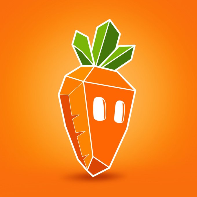 A stylized geometric illustration of an orange carrot with green leaves and a simple face, set against an orange background.
