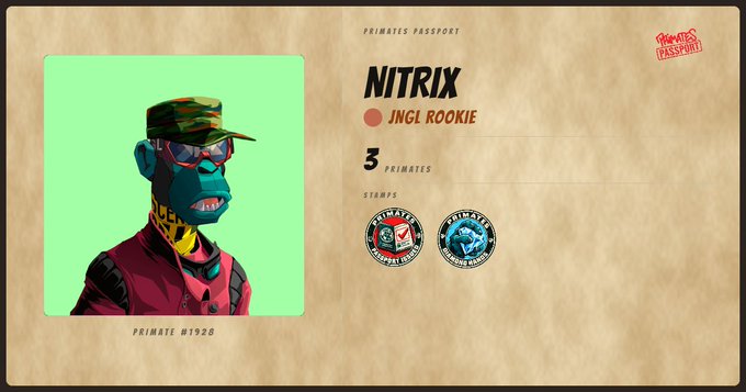 A digital 'Primates Passport' NFT profile for 'NITRIX', labeled as a 'JNGL ROOKIE' with 3 stamps, featuring a stylized illustration of a primate in a camo cap.