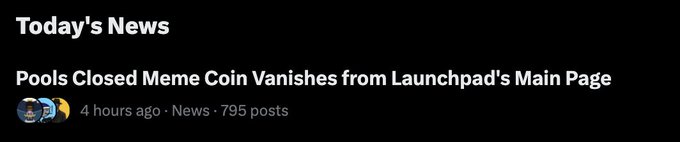 A news headline reading 'Pools Closed Meme Coin Vanishes from Launchpad's Main Page' under a 'Today's News' section, posted 4 hours ago.