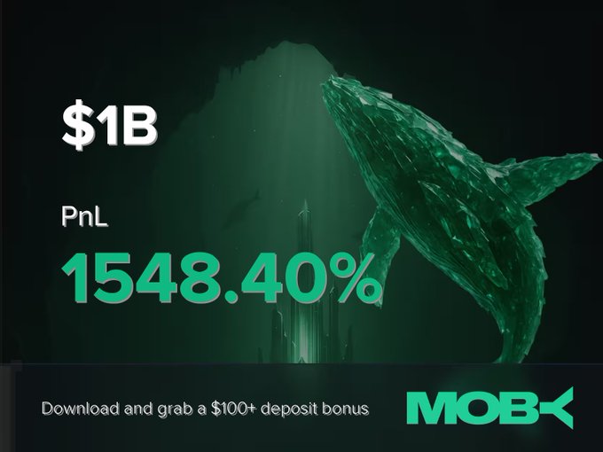 In this image, there's a green whale sculpture in mid-air, positioned against a dark background. The whale appears to be diving towards a building with a city skyline in the distance. On top of this scene, there's an advertisement for a cryptocurrency trading service called Moby Mobile. The advertisement prominently features a graphic that shows a PnL statement alongside a dollar sign and text related to Bitcoin. This seems to suggest that the advertisement is promoting a cryptocurrency or bitcoin-related service, possibly related to Whale.