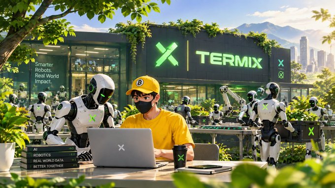 A promotional image for 'TERMIX' showing a man in a yellow shirt and mask working on a laptop surrounded by white humanoid robots, with text reading 'Smarter Robots. Real World Impact.'