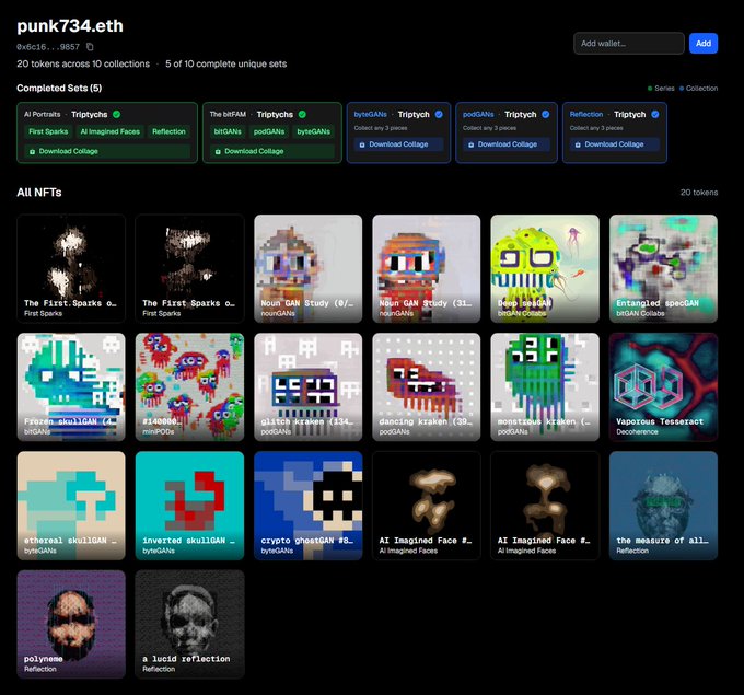 An NFT collection dashboard for 'punk734.eth' showing 20 tokens across 10 collections with 5 of 10 complete unique sets, displaying various pixel art NFTs from collections including First Sparks, AI Imagined Faces, Reflection, and Triptychs.