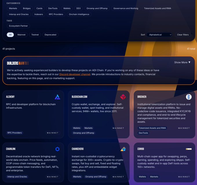 A website displays a list of 41 blockchain projects, including 'ALCHEMY', 'BLOCKCHAIN.COM', and 'CHAINLINK', categorized by tags like 'Wallets' and 'Markets'.
