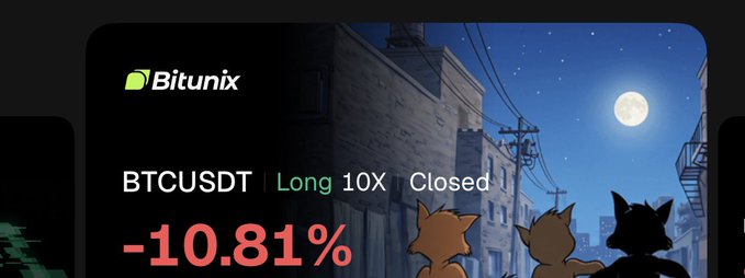 A Bitunix trading card showing a closed BTCUSDT Long 10X position with a -10.81% loss, illustrated with three silhouetted cats looking at a full moon over a city.