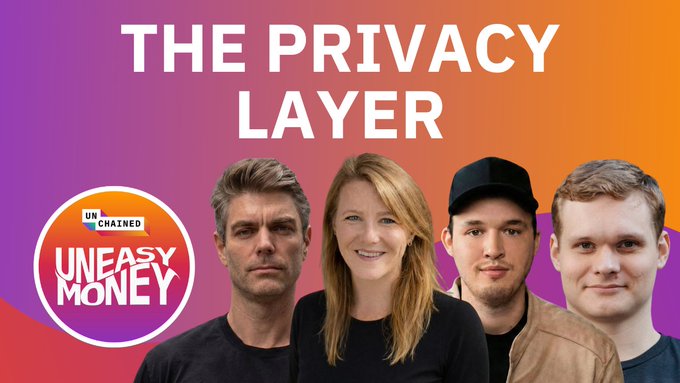 The image features a group of four people standing next to each other, all smiling for the camera. The text "THE PRIVACY LAYER" is written above them, indicating that they are discussing privacy concerns related to the internet or social media platforms. The image also includes a logo and some text about a podcast called "Uneasy Money".