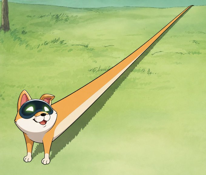 An animated dog with a very long, orange body stretches across a green field, visually representing the "LONG $AI" sentiment from the accompanying post.