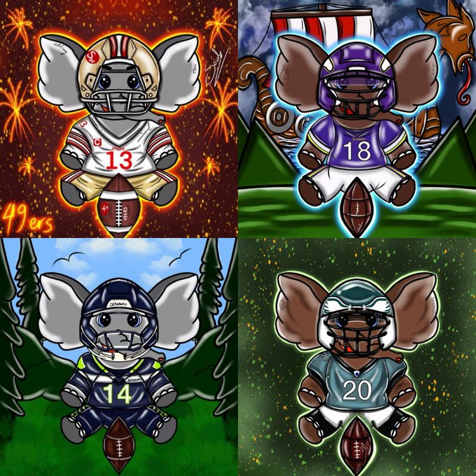A grid of four cartoon elephants dressed as NFL football players in various team uniforms, including 49ers (13), Vikings (18), Seahawks (14), and Eagles (20), each holding or sitting on a football.