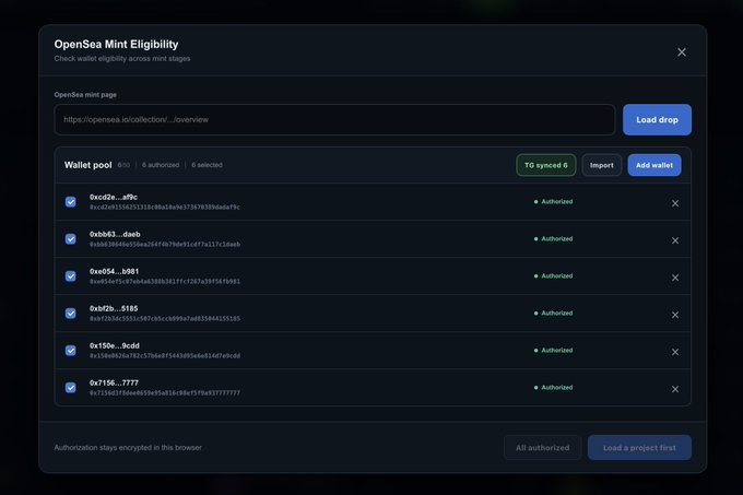 A dark-themed web interface titled 'OpenSea Mint Eligibility' showing a wallet pool of 6 authorized wallets with addresses like '0xc42e...a99c' and '0x0a43...4eeb,' along with 'Lead drop' and 'Add wallet' buttons.