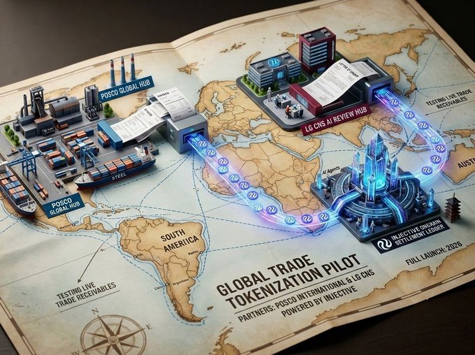 An illustrated world map titled 'GLOBAL TRADE TOKENIZATION PILOT' showing partnership hubs for POSCO International and LG CNS powered by Injective, with a full launch date of 2026.