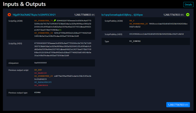 A screenshot of a Bitcoin transaction details page displaying the Inputs & Outputs, including ScriptSig (ASM) and ScriptPubKey (ASM) data, for transaction IDs starting with '1KgvBY36sDfkN7KqJpc1Q9APSCOH21' and 'bc1qqp5vewafqpks6S8jwy...6j5dfqpw'.