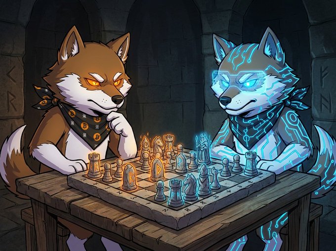 The image features two cartoon dogs sitting at a table, playing chess with each other. One dog has a brown and white fur pattern while the other one has blue and white fur patterns. The scene takes place in an old building or cave-like setting, which adds to the overall atmosphere of the artwork. The post that accompanies this image is titled "Wolves don' care about the opinion of the sheep! $LOBO @lobothewolfpup". This phrase emphasizes the playful and lighthearted nature of the scene depicted in the cartoon dogs playing chess together.
