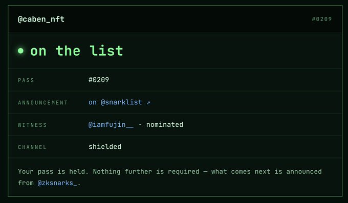 A digital interface card for '@caben_nft' indicating status 'on the list,' with details including PASS #0209, witness '@iamfujin_', and channel 'shielded'.