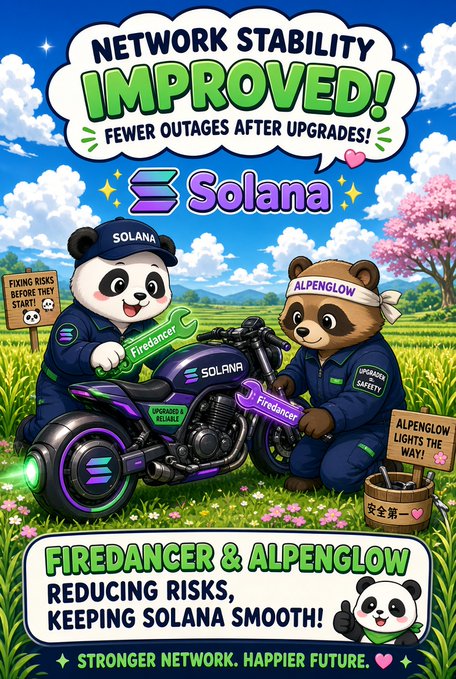A colorful cartoon graphic featuring two pandas working on a motorcycle labeled 'SOLANA', with speech bubbles and text announcing 'NETWORK STABILITY IMPROVED! FEWER OUTAGES AFTER UPGRADES!' and 'FIREDANCER & ALPENGLOW REDUCING RISKS, KEEPING SOLANA SMOOTH!'.