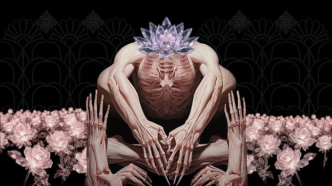 A surreal digital artwork of a figure composed entirely of anatomical muscles with a crystal cluster for a head, kneeling amidst pink flowers against a black Art Nouveau-style patterned background.