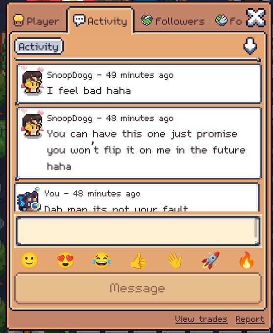 A pixel art chat interface showing a conversation where SnoopDogg says 'I feel bad haha' and 'You can have this one just promise you won't flip it on me in the future haha', with the user replying 'Nah man its not your fault', along with emoji options and 'View trades' and 'Report' links.