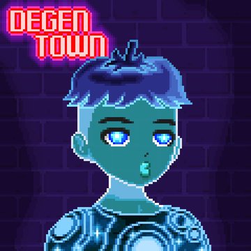Pixel art illustration of a character with blue hair and glowing blue eyes against a dark purple brick wall, with the neon text 'DEGEN TOWN' in the upper left.