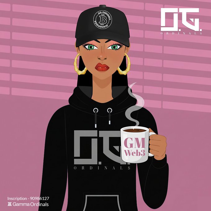 A digital illustration of a woman wearing a black cap and O.G. Ordinals hoodie holding a 'GM Web3' coffee mug, set against a pink brick wall, inscribed as Gamma Ordinals #90986127.