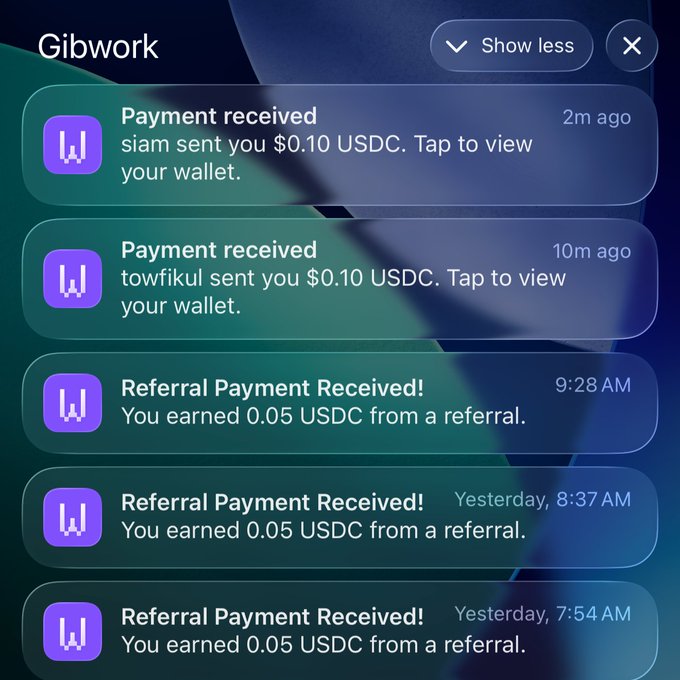 A smartphone notification screen from 'Gibwork' showing several recent alerts, including 'Payment received' of $0.10 USDC from 'siam' and 'towfikul', and 'Referral Payment Received!' alerts of 0.05 USDC.