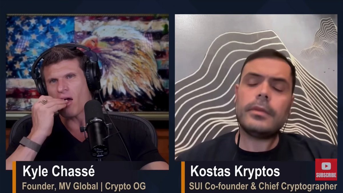 The image shows two men sitting behind microphones, likely participating in a podcast or radio show. The hosts are discussing the concept of "chains" and their role in the digital world. One man represents the idea that chains compete for users' attention, while the other emphasizes how they can collaborate to create better user experiences. The post suggests that Sui is the most popular data and storage layer across ecosystems, which could lead to a significant shift in the way people interact with technology.