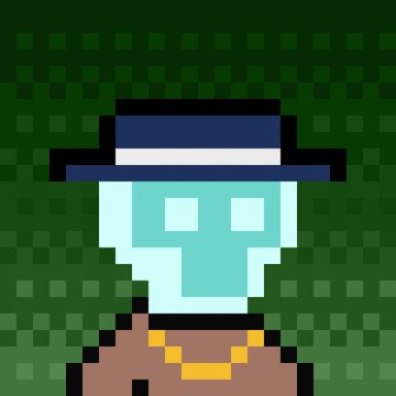 A pixel art character wearing a dark blue hat with a white band, depicted with a light blue/teal face against a dark green checkered background.