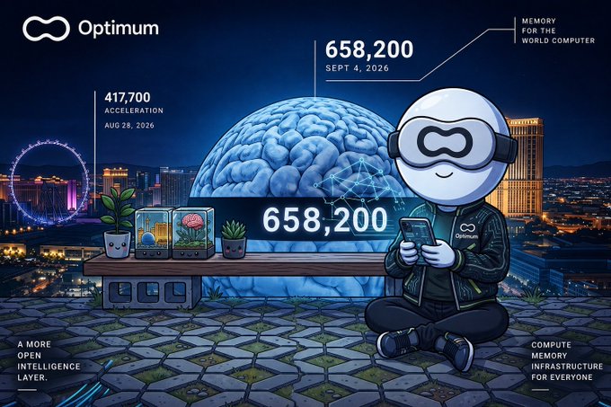 An illustrated promotional graphic for "Optimum" featuring a cartoon character with a VR headset using a smartphone, alongside a large brain and blockchain imagery, with text including "Optimum", "658,200", "417,700 ACCELERATION AUG 28, 2026", "658,200 SEPT 4, 2026", "MEMORY FOR THE WORLD COMPUTER", "A MORE OPEN INTELLIGENCE LAYER", and "COMPUTE MEMORY INFRASTRUCTURE FOR EVERYONE".