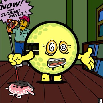 A cartoon illustration of a dizzy, wide-eyed yellow moon character with arms and legs, drooling, with a background banner reading 'NOW! with SCORING PENCIL!!' and a man with a mop.
