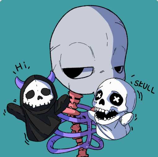 Cartoon illustration of a skeleton-like character with three small skull companions labeled 'Hi' and 'SEULL' against a teal background.