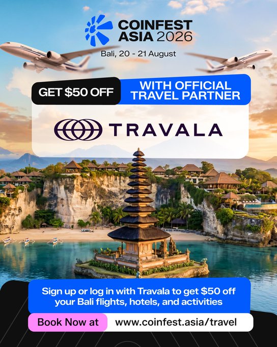 Promotional graphic for 'COINFEST ASIA 2026' in Bali on 20-21 August, offering '$50 OFF WITH OFFICIAL TRAVEL PARTNER' Travala, set against a tropical island backdrop.