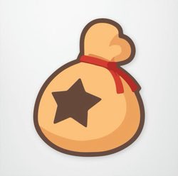 A cartoon-style sticker or illustration of a tan money bag with a brown star on it, tied with a red ribbon at the top.