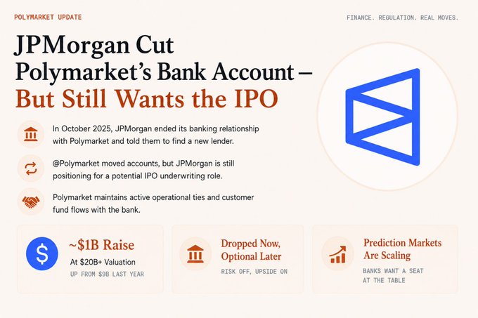 An infographic titled "JPMorgan Cut Polymarket's Bank Account – But Still Wants the IPO" details that in October 2025, JPMorgan ended its banking relationship with Polymarket over regulatory concerns, though the bank is still positioning for a potential IPO underwriting role. The graphic highlights Polymarket's ~$1B raise at a $20B+ valuation (up from $9B last year), notes the account was "Dropped Now, Optional Later" with "Risk Off, Upside On," and emphasizes that "Prediction Markets Are Scaling."