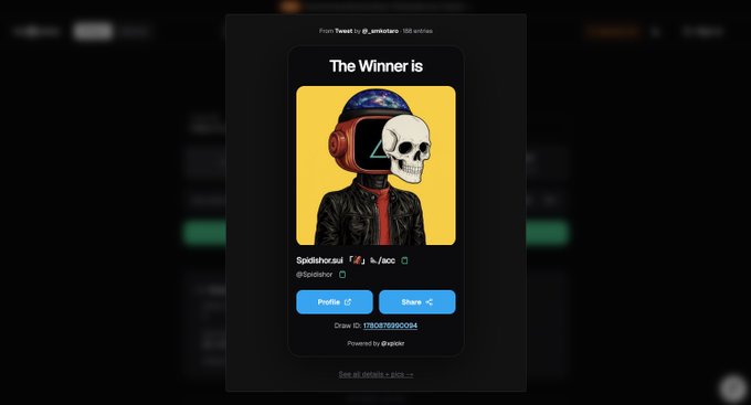 The image shows a screen with text and an illustration of a person wearing a helmet. The main focus of the image appears to be related to a social media event, possibly celebrating someone's victory or achievement in the form of a giveaway. The caption indicates that the person winning is "@Spidishor", and they've been tagged as the "robot friendo" on this post, receiving 1315 $DEEP.