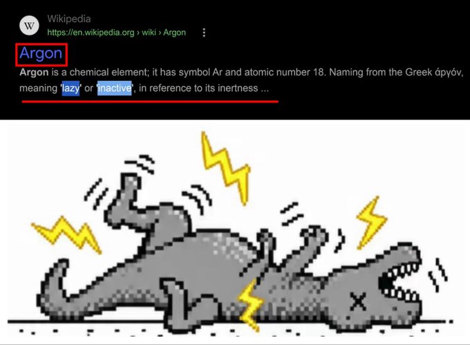 A screenshot of the Argon Wikipedia entry explains that the element's name comes from Greek meaning "lazy" or "inactive," paired with a pixel-art alligator lying flat on its back getting struck by lightning, humorously illustrating the irony of naming a hardworking AI model after something inert and lazy.