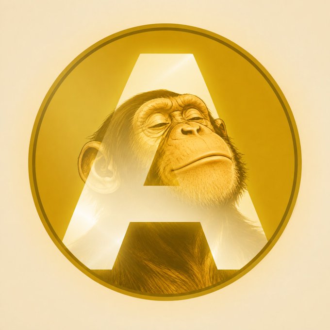 A golden circular logo featuring the letter 'A' with a chimpanzee's face integrated into the design, set against a cream-colored background.