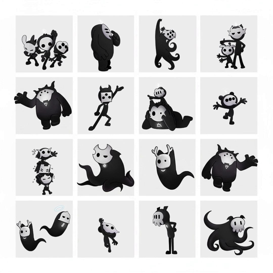 The image features a collection of twelve different black and white illustrations depicting various characters, including a man with horns, a woman with horns, a man with a beard, a woman with a beard, a man wearing a mask, a woman wearing a mask, a man holding a sword, a woman holding a shield, a man in a hat, a woman in a hat, and a man in a suit. The post seems to be discussing the characters' appearances or characteristics, possibly related to the characters from the video game "Who's actually still bullish on Runes rn?".