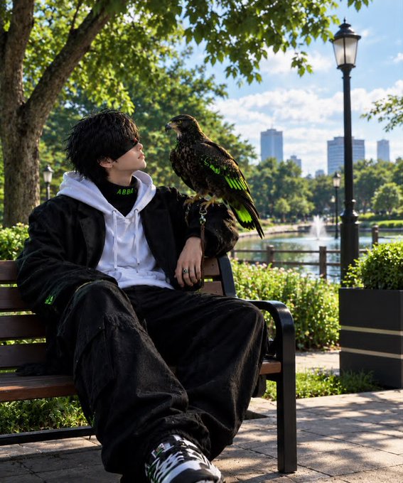 A young man with dark hair sits on a park bench beside a green and black hawk, wearing a black jacket over a white hoodie, with a fountain and city skyline visible in the background.