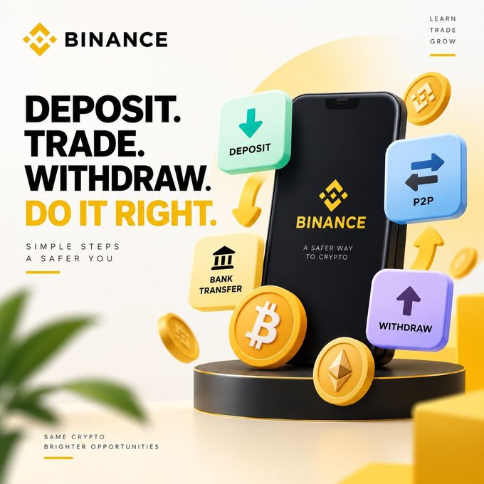 A Binance promotional graphic featuring a smartphone displaying "BINANCE - A SAFER WAY TO CRYPTO," surrounded by colorful icons labeled "DEPOSIT," "P2P," "BANK TRANSFER," and "WITHDRAW," along with Bitcoin and Ethereum coins, and the bold text "DEPOSIT. TRADE. WITHDRAW. DO IT RIGHT." with "LEARN TRADE GROW" in the corner, visually reinforcing the post's message about safely navigating crypto transactions on Binance.