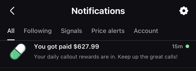 A screenshot of a notifications page showing a payment alert that reads "You got paid $627.99 — Your daily callout rewards are in. Keep up the great calls!" received 15 minutes ago, likely from a crypto platform like PumpFun referenced in the caption about receiving "stimmy" funds.